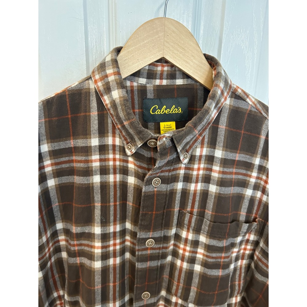 Cabela's Flannel Shirt‎ Brown Plaid Long Sleeve Button Down Tall L 906217 Mens